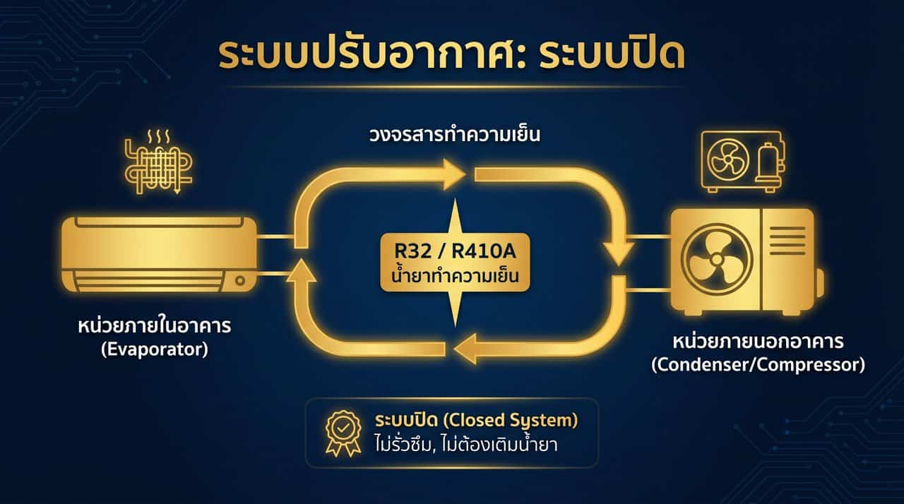 แอร์เป็นระบบปิด น้ำยาแอร์ไม่มีวันหมดเองถ้าไม่รั่ว