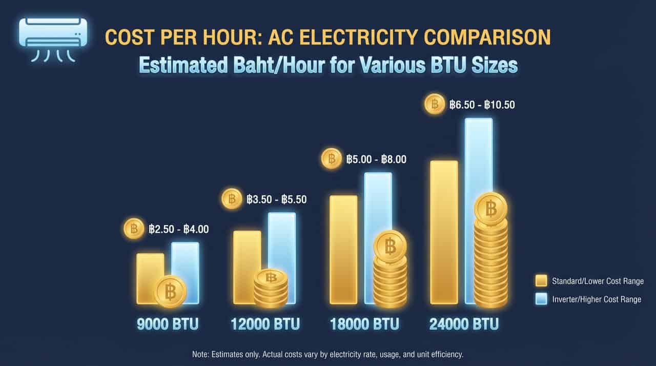 ตารางเปรียบเทียบค่าไฟแอร์แต่ละขนาด BTU