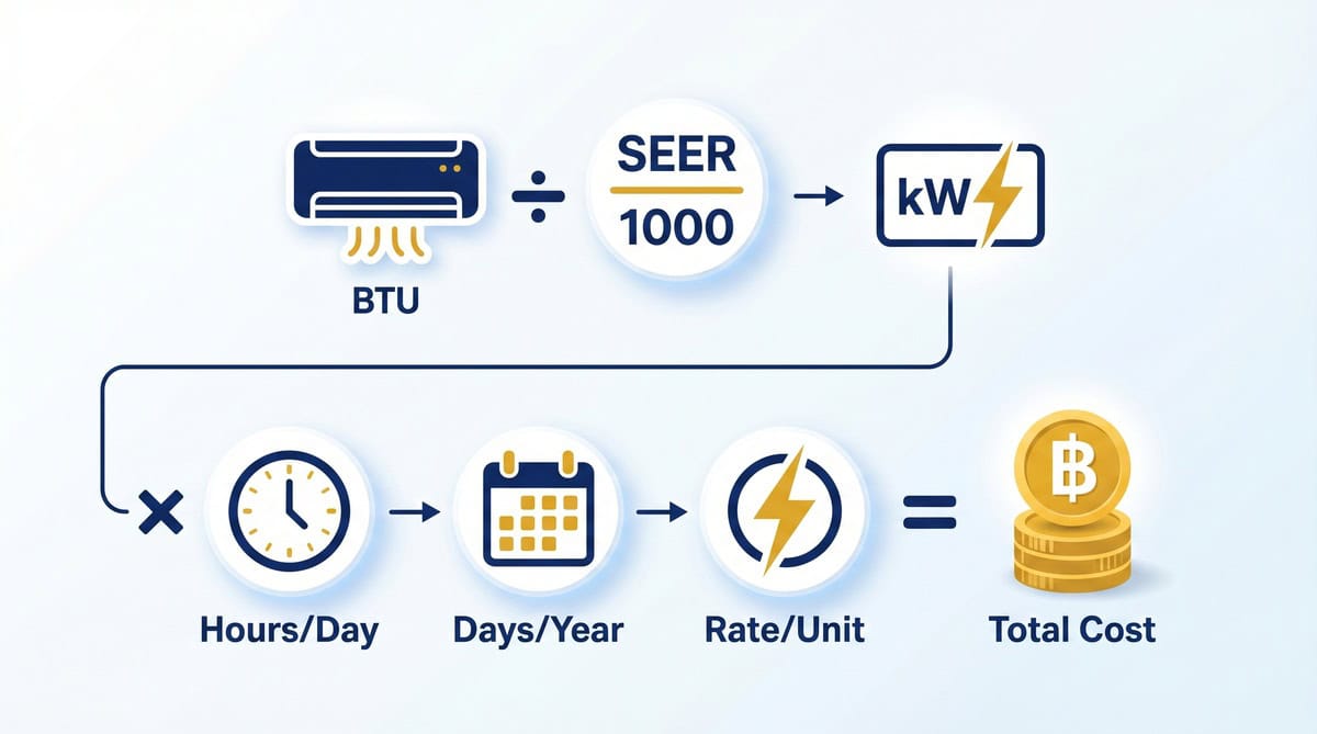 สูตรคำนวณค่าไฟแอร์ BTU หาร SEER หาร 1000 คูณชั่วโมงใช้งาน