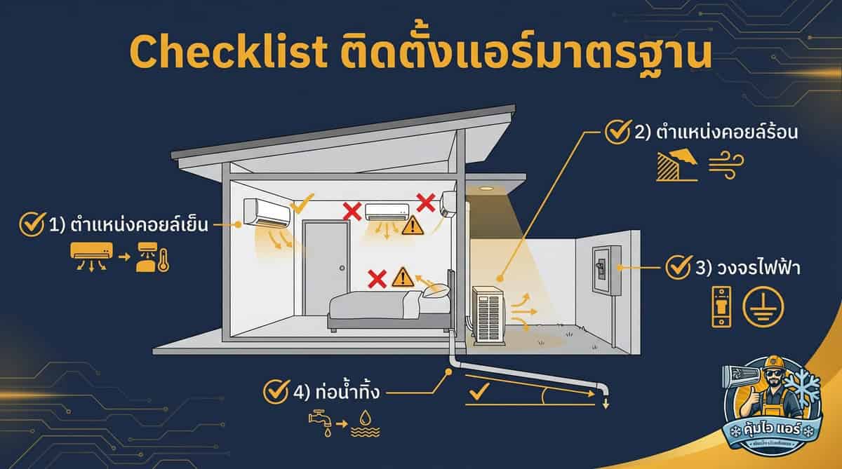 Checklist ติดตั้งแอร์มาตรฐาน ตำแหน่งคอยล์เย็น คอยล์ร้อน วงจรไฟฟ้า ท่อน้ำทิ้ง