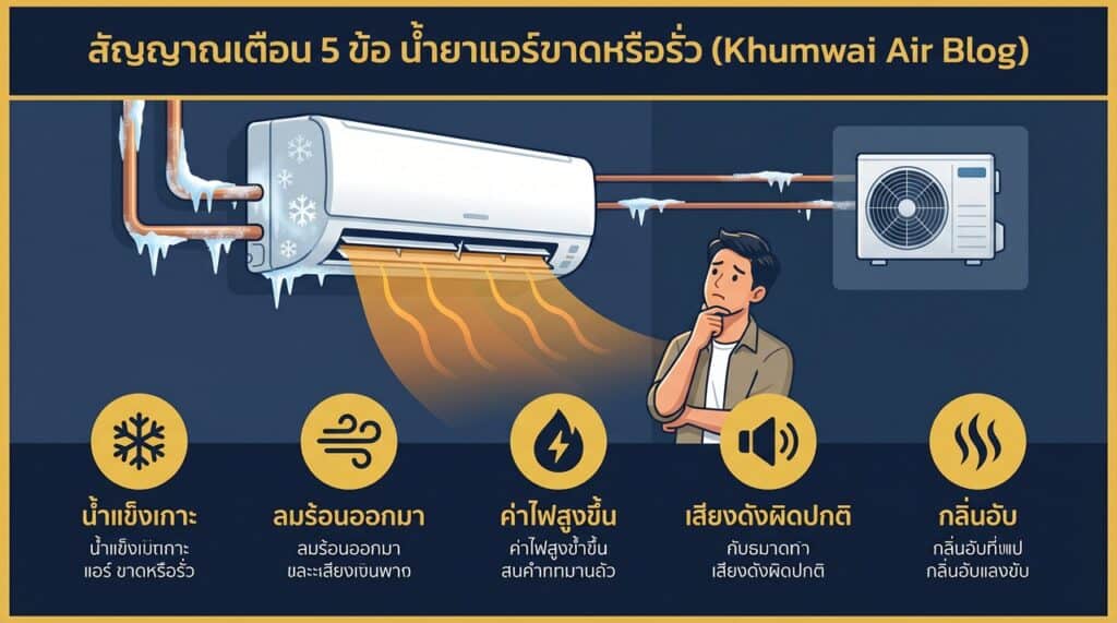 Khumwai Air air conditioner with ice buildup and cold air issues.