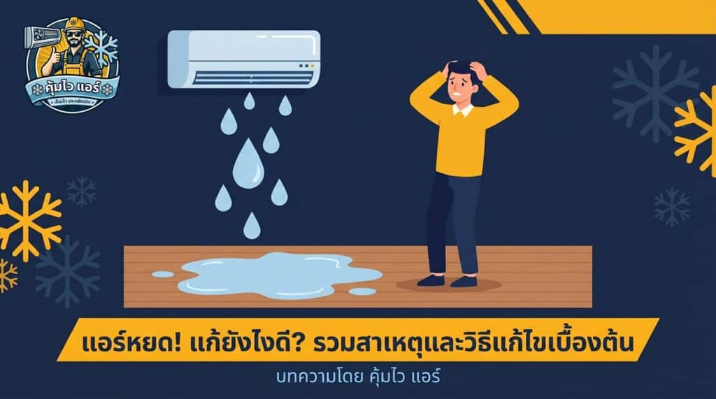 Illustration of a person troubleshooting an air conditioner with water leakage issues.