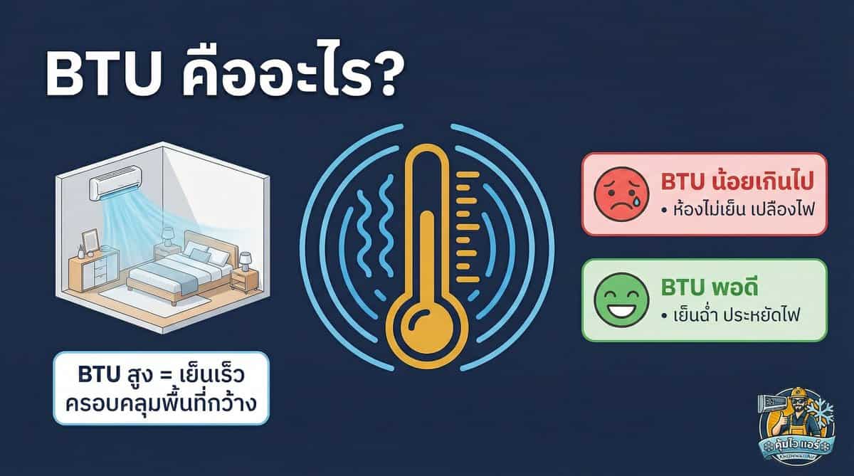 Infographic explaining BTU levels for air conditioning efficiency and comfort.
